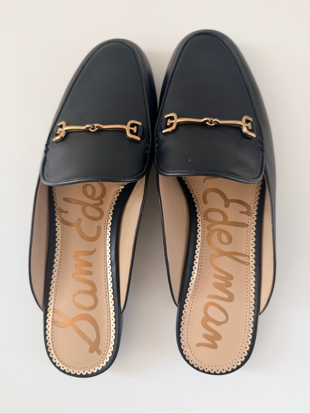 Sam Edelman Black Leather Mule Loafers with Gold Hardware